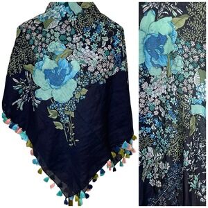 Bohemian Floral Print Square Scarf Shawl Tassel Trim Blue Green Pink Art to Wear
